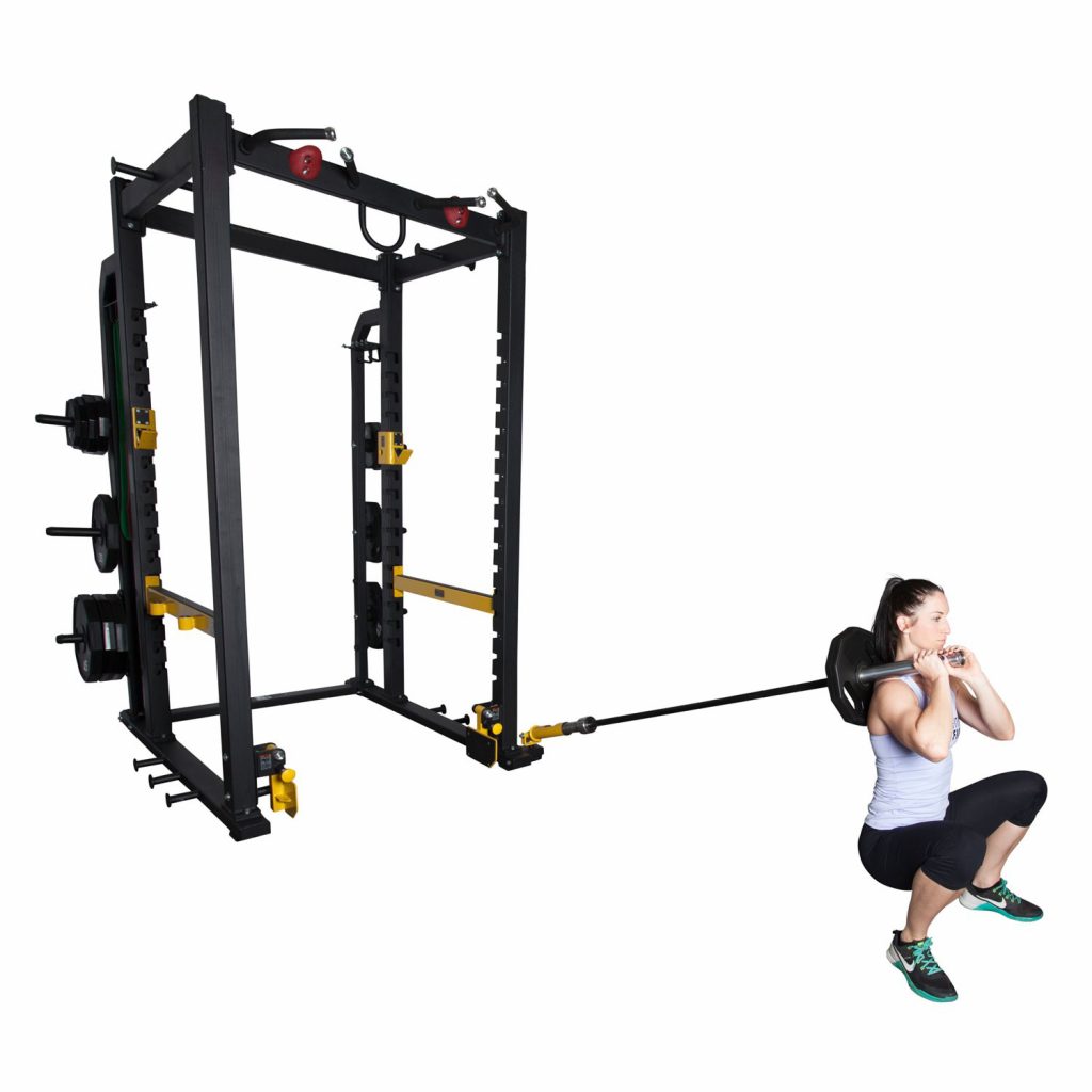 Female athlete using the Fitness First Power Rack with Landmine. 